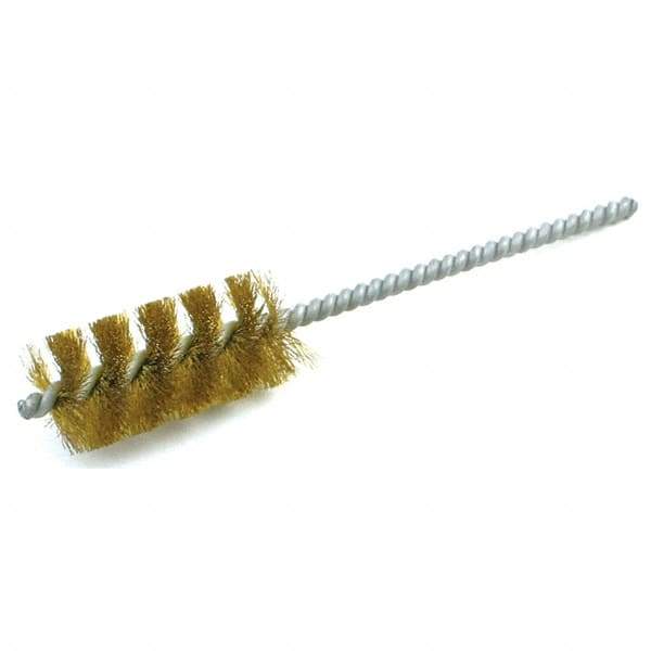 Brush Research Mfg. - 1" Diam Helical Brass Tube Brush - Single Spiral, 0.008" Filament Diam, 2" Brush Length, 6" OAL, 0.22" Diam Galvanized Steel Shank - All Tool & Supply