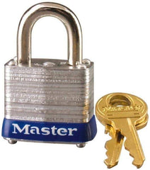 Master Lock - 9/16" Shackle Clearance, Keyed Alike General Security Padlock - 3/16" Shackle Diam, Laminated Steel - All Tool & Supply