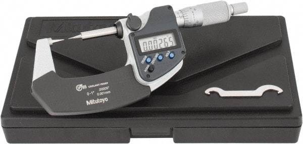 Mitutoyo - 1 Inch, 32mm Throat Depth, Ratchet Stop, Electronic Point Micrometer - Accurate Up to 0.0001 Inch, 0.3937 Inch Point Length, 15° Point Angle, 18mm Head Diameter - All Tool & Supply