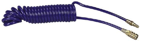 Coilhose Pneumatics - 1/4" ID, 1/4 Thread, 15' Long, Blue Polyurethane Coiled & Self Storing Hose - 125 Max psi, Industrial Interchange Coupler x Plug - All Tool & Supply