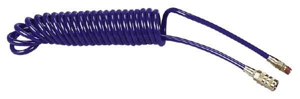 Coilhose Pneumatics - 1/4" ID, 1/4 Thread, 15' Long, Blue Polyurethane Coiled & Self Storing Hose - 125 Max psi, Industrial Interchange Coupler x Male Swivel - All Tool & Supply