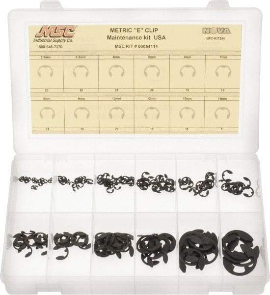 Made in USA - 190 Piece, M2.3 to M19, Steel, E Style External Retaining Ring Assortment - Includes Compartmented Case, Specification Labels - All Tool & Supply