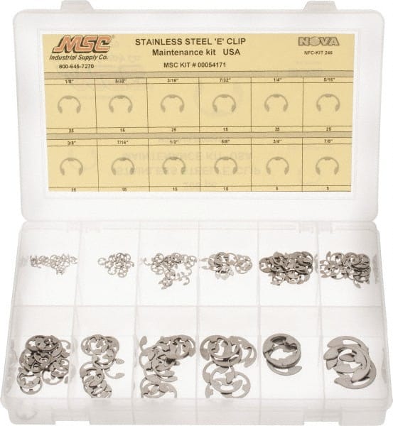 Made in USA - 206 Piece, 1/8 to 7/8", Stainless Steel, E Style External Retaining Ring Assortment - All Tool & Supply