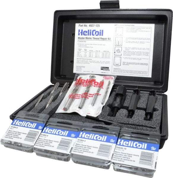 Heli-Coil - 48 Inserts, M5x0.80 - M10x1.25 Internal Thread, M10x1.25, M5x0.80, M6x1.00, M8x1.25 Metric, Thread Repair Kit - Includes Drill, Installation Tool and Tap - Exact Industrial Supply