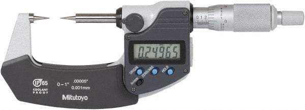 Mitutoyo - 1 Inch, 32mm Throat Depth, Ratchet Stop, Digital Point Micrometer - Accurate Up to 0.0001 Inch, 15° Point Angle - All Tool & Supply