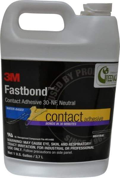 3M - 1 Gal Bottle Natural Contact Adhesive - Series 30NF, 15 to 30 min Working Time, 4 hr Full Cure Time, Bonds to Cardboard, Ceramic, Fabric, Fiberglass, Foam, Glass, Leather, Metal, Plastic, Rubber, Vinyl & Wood - All Tool & Supply