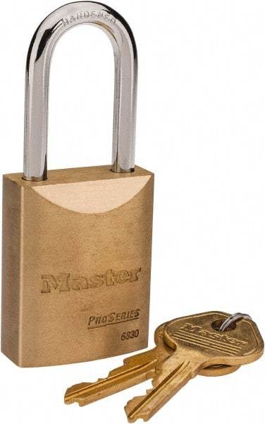 Master Lock - 1-9/16" Shackle Clearance, Keyed Different Pro Series Padlock - 25/32" Shackle Width, 1/4" Shackle Diam, Brass - All Tool & Supply