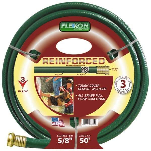 Made in USA - 50' Long Reinforced Rubber Hose - 5/8" Diam, 3/4" GHT, Vinyl, 212 psi, All Season, Green - All Tool & Supply