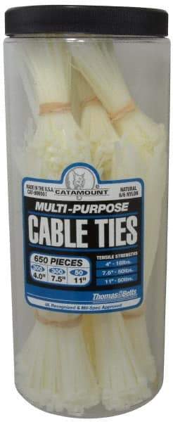 Thomas & Betts - 4 to 11 Inch Range, White Cable Ties - 3 Inch Bundle Diameter, 18, 40 and 50 Lb. Strength, Nylon - All Tool & Supply