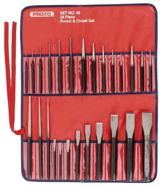 Proto - 26 Piece Punch & Chisel Set - 1/4 to 7/8" Chisel, 3/8 to 1/4" Punch, Round Shank - All Tool & Supply