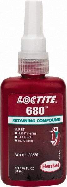 Loctite - 50 mL Bottle, Green, High Strength Liquid Retaining Compound - Series 680, 24 hr Full Cure Time, Heat Removal - All Tool & Supply