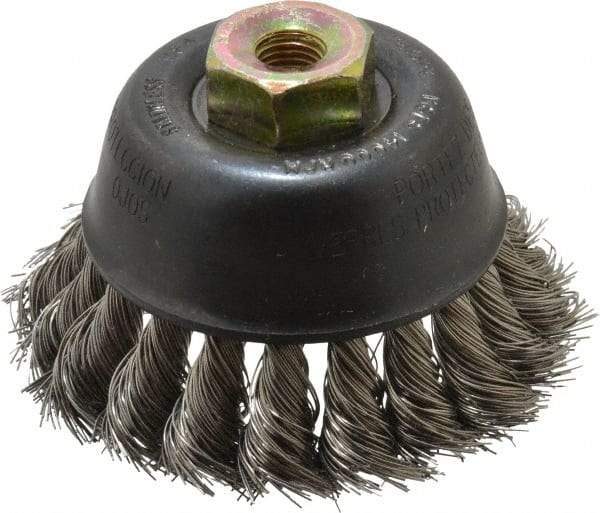 Osborn - 2-3/4" Diam, M10x1.25 Threaded Arbor, Stainless Steel Fill Cup Brush - 0.014 Wire Diam, 14,000 Max RPM - All Tool & Supply