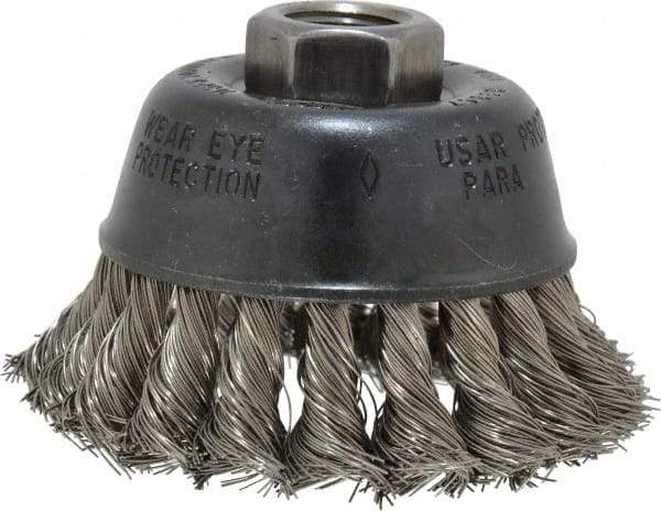 Osborn - 2-3/4" Diam, 5/8-11 Threaded Arbor, Stainless Steel Fill Cup Brush - 0.014 Wire Diam, 14,000 Max RPM - All Tool & Supply