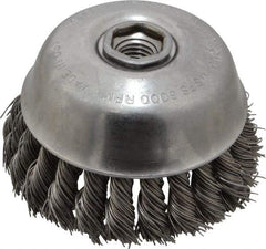 Osborn - 4" Diam, 5/8-11 Threaded Arbor, Steel Fill Cup Brush - 0.025 Wire Diam, 1-1/4" Trim Length, 6,000 Max RPM - All Tool & Supply