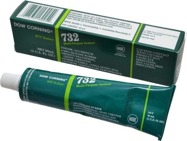 Dow Corning - 3 oz Tube Silver RTV Silicone Joint Sealant - -76 to -29.2°F Operating Temp, 20 min Tack Free Dry Time, 24 hr Full Cure Time, Series 732 - All Tool & Supply