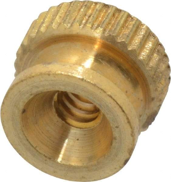 Electro Hardware - #6-32 UNC Thread, Uncoated, Grade B-633 Brass Round Knurled Thumb Nut - 9/32" Overall Height, 3/8" Head Diam - All Tool & Supply