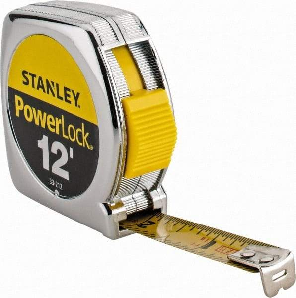 Stanley - 12' x 1/2" Yellow Blade Tape Measure - 1/32 & 1/16" Graduation, Inch Graduation Style, Silver Case - All Tool & Supply