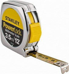 Stanley - 12' x 1/2" Yellow Blade Tape Measure - 1/32 & 1/16" Graduation, Inch/Metric Graduation Style, Silver Case - All Tool & Supply