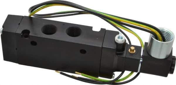 Parker - 3/8" Inlet x 3/8" Outlet, Single Solenoid Actuator, Air Return, 2 Position, Body Ported Solenoid Air Valve - 120 VAC Input, 88 CFM, 2.8 CV, 4 Way, 145 psi, 5-3/4" Long x 1.15" Wide x 3.97" High, 0 to 160°F - All Tool & Supply