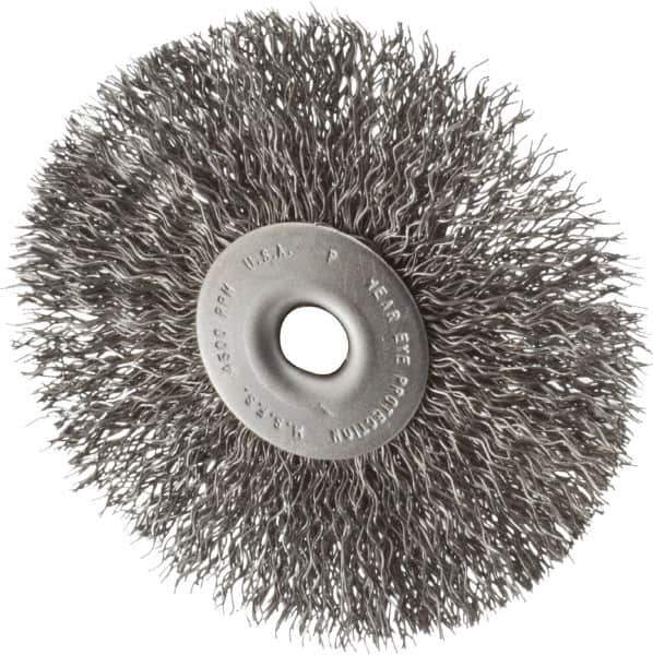 Made in USA - 3-1/2" OD, 1/4" Shank Diam, Crimped Steel Wheel Brush - 1/4" Face Width, 0.014" Filament Diam, 4,500 RPM - All Tool & Supply