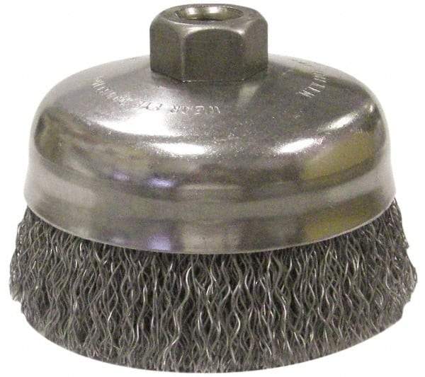 Anderson - 5" Diam, 5/8-11 Threaded Arbor, Steel Fill Cup Brush - 0.014 Wire Diam, 1-1/4" Trim Length, 9,000 Max RPM - All Tool & Supply