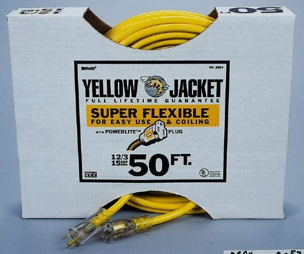 Southwire - 50', 12/3 Gauge/Conductors, Yellow Outdoor Extension Cord - 1 Receptacle, 15 Amps, 125 VAC, UL SJTW-A, NEMA 5-15P, 5-15R - All Tool & Supply