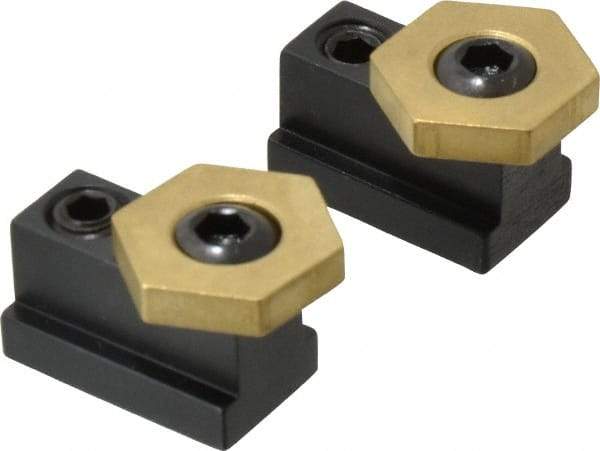 Mitee-Bite - 13/16" Brass Hex, 7/16" T-Slot, 5/16-18 Stud Thread, Symmetrical Hex Clamp - 3/16" Hex Height, 800 Lb Holding Force, 1/2" Long Thread, 8.3 Ft/Lb Torque, 2 Clamps - All Tool & Supply