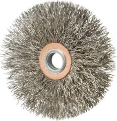 Weiler - 3" OD, 1/4" Shank Diam, Crimped Stainless Steel Wheel Brush - 1/2" Face Width, 1" Trim Length, 0.014" Filament Diam, 20,000 RPM - All Tool & Supply