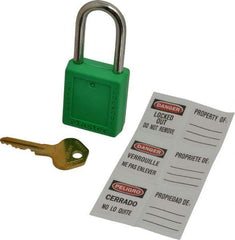 Master Lock - Keyed Alike Conductive Lockout Padlock - 1-1/2" Shackle Clearance, 1/4" Shackle Diam, 1-3/4" Body Height x 1-1/2" Body Width, Green, 6 Pins - All Tool & Supply