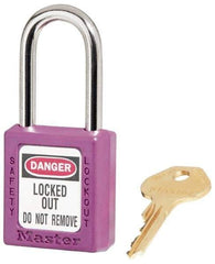 Master Lock - Keyed Alike Conductive Lockout Padlock - 1-1/2" Shackle Clearance, 1/4" Shackle Diam, 1-3/4" Body Height x 1-1/2" Body Width, Purple, 6 Pins - All Tool & Supply