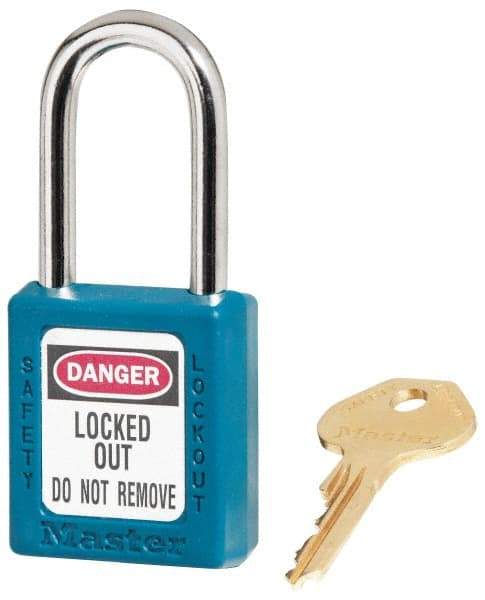 Master Lock - Keyed Alike Conductive Lockout Padlock - 1-1/2" Shackle Clearance, 1/4" Shackle Diam, 1-3/4" Body Height x 1-1/2" Body Width, Teal, 6 Pins - All Tool & Supply