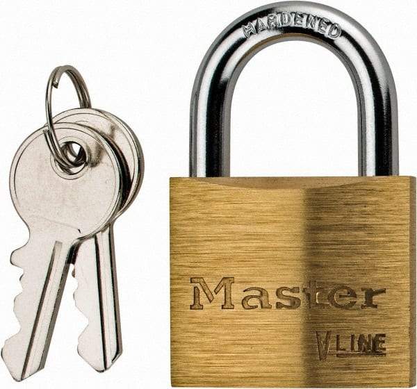 Master Lock - 13/16" Shackle Clearance, Keyed Different Padlock - 1/4" Shackle Diam, Brass - All Tool & Supply