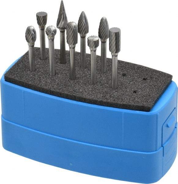 Made in USA - 9 Piece, 1/8" Shank Burr Set - Solid Carbide, Multiple Head Shapes - All Tool & Supply