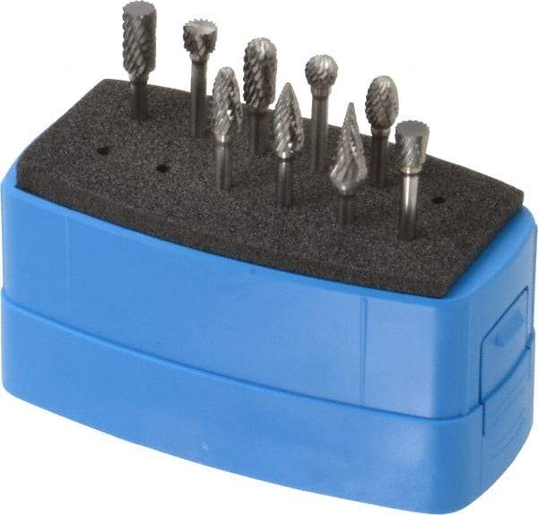 Made in USA - 9 Piece, 1/8" Shank Burr Set - Solid Carbide, Multiple Head Shapes - All Tool & Supply