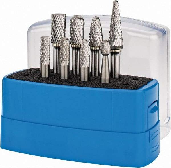 Made in USA - 8 Piece, 1/4" Shank Burr Set - Tungsten Carbide, Multiple Head Shape - All Tool & Supply