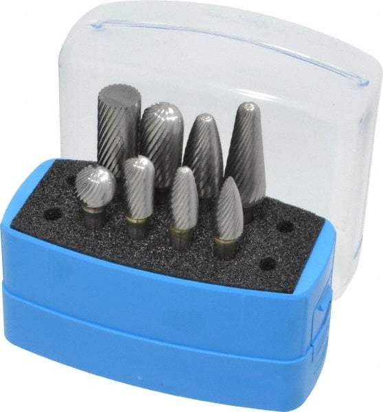 Made in USA - 8 Piece, 1/4" Shank Burr Set - Solid Carbide, Multiple Head Shapes, 14° Included Angle - All Tool & Supply