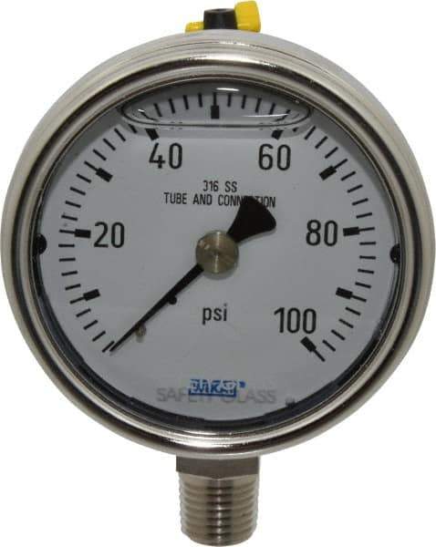 Wika - 2-1/2" Dial, 1/4 Thread, 0-100 Scale Range, Pressure Gauge - Lower Connection Mount, Accurate to 2-1-2% of Scale - All Tool & Supply