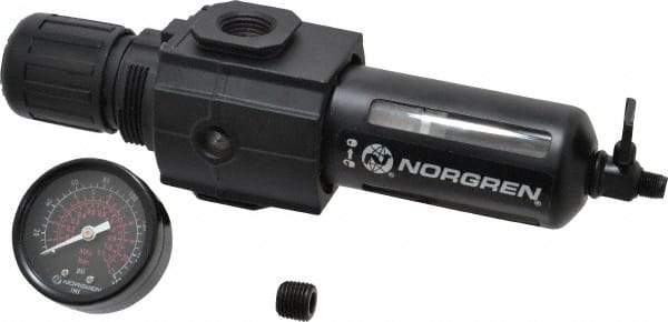 Norgren - 1/2" NPT Port Intermediate 1 Piece Filter/Regulator FRL Unit - Polycarbonate Bowl, 123 SCFM, 150 Max psi, 9.95" High x 2.68" Long, Manual Drain - All Tool & Supply