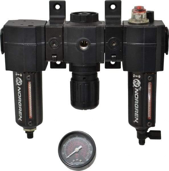 Norgren - 3/8" NPT Port Intermediate 3 Piece Filter-Regulator-Lubricator FRL Unit - Metal Bowl, 75 SCFM, 250 Max psi, 82" High x 9.13" Long, Automatic Drain - All Tool & Supply