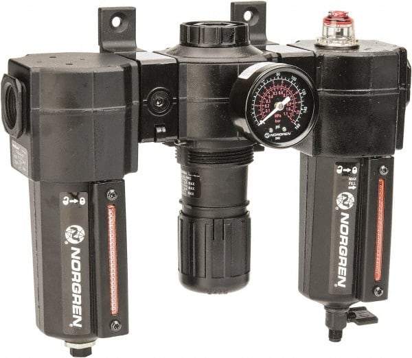 Norgren - 3/4" NPT Port Standard 3 Piece Filter-Regulator-Lubricator FRL Unit - Metal Bowl, 138 SCFM, 250 Max psi, 97" High x 10.52" Long, Automatic Drain - All Tool & Supply