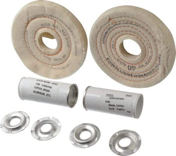 Dico - 4" Diam Cushion Sewn, Spiral Sewn Buffing Wheel Set - 1/2 - 1" Arbor Hole, Tripoli - All Tool & Supply