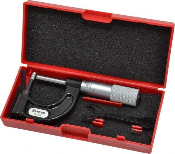 Starrett - 1 Inch Measurement Range, 0.001 Inch Graduation, Post Anvil, Plain Thimble, Mechanical Anvil, Tube Micrometer - 39/64 Inch Head Diameter, Satin Chrome Finish, Carbide, Includes Case - All Tool & Supply