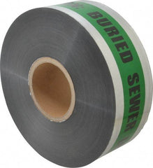 Presco - Caution: Buried Sewer Line Below, Detectable Underground Tape - 1,000 Ft. Long x 3 Inch Wide Roll, Polyethylene on Aluminum, 5 mil Thick, Green and Black - All Tool & Supply