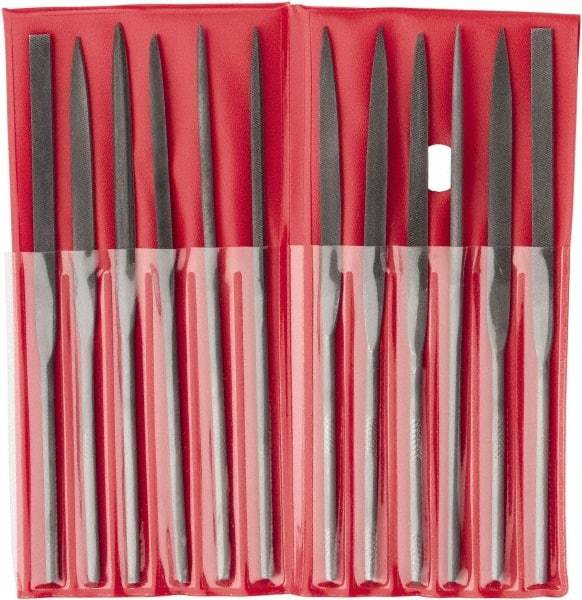 Value Collection - 12 Piece Swiss Pattern File Set - 5-1/2" Long, 2 Coarseness, Round Handle, Set Includes Barrette, Crossing, Equalling, Flat, Half Round, Knife, Round, Round Edge Joint, Slitting, Square, Three Square - All Tool & Supply