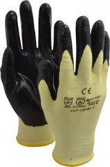 PRO-SAFE - Size M (8), ANSI Cut Lvl A2, Puncture Lvl 1, Abrasion Lvl 3, Nitrile Coated Cut Resistant Gloves - 9" Long, Palm & Fingers Coated, Kevlar/Lycra Lining, Knit Wrist, Yellow/Black, Paired - All Tool & Supply