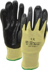 PRO-SAFE - Size 2XL (11), ANSI Cut Lvl A2, Puncture Lvl 1, Abrasion Lvl 3, Nitrile Coated Cut Resistant Gloves - 9" Long, Palm & Fingers Coated, Kevlar/Lycra Lining, Knit Wrist, Yellow/Black, Paired - All Tool & Supply