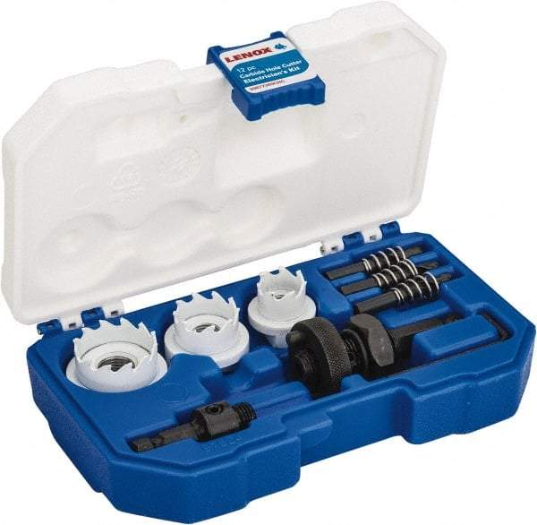 Lenox - 12 Piece, 7/8" to 1-3/8" Saw Diam, Electrician's Hole Saw Kit - Carbide-Tipped, Toothed Edge, Includes 3 Hole Saws - All Tool & Supply