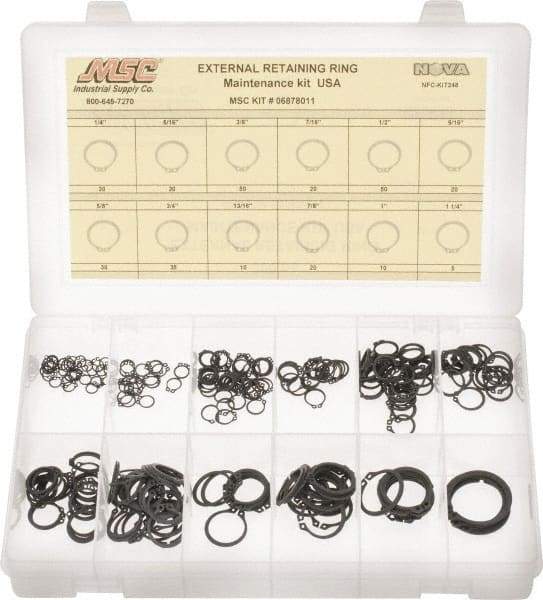 Made in USA - 300 Piece, 1/4 to 1-1/4", Steel, Snap External Retaining Ring Assortment - Includes Compartmented Case - All Tool & Supply