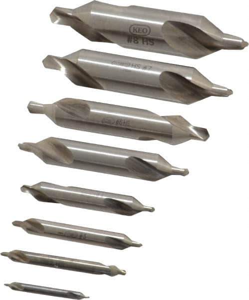 Keo - 8 Piece, #1 to 8, Plain Edge, High Speed Steel Combo Drill & Countersink Set - 60° Incl Angle - All Tool & Supply