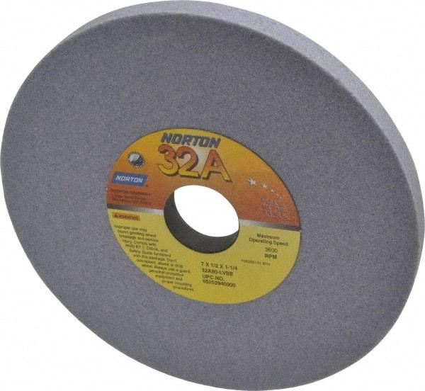 Norton - 7" Diam x 1-1/4" Hole x 1/2" Thick, L Hardness, 80 Grit Surface Grinding Wheel - Aluminum Oxide, Type 1, Medium Grade, 3,600 Max RPM, Vitrified Bond, No Recess - All Tool & Supply